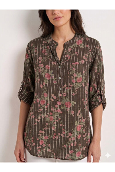 della moor Women's Brown Italian Line and Floral Patterned Fakir Sleeve Butto...