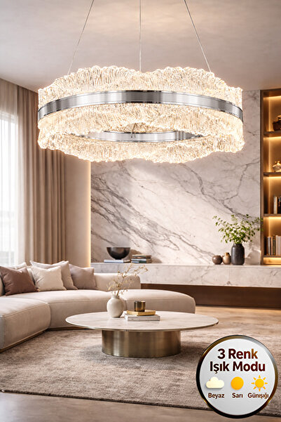 Ultra Home Valentina Model 50'lik Krom 3 Renk Kumandalı Metal Salon Mutfak Oturma Yatak Odası Modern Led Avize
