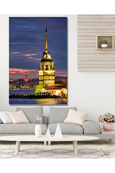 Şehber Tekli Dikey Kanvas Tablo, İstanbul, Kızkulesi, Gece Manzarası, Dekorat...