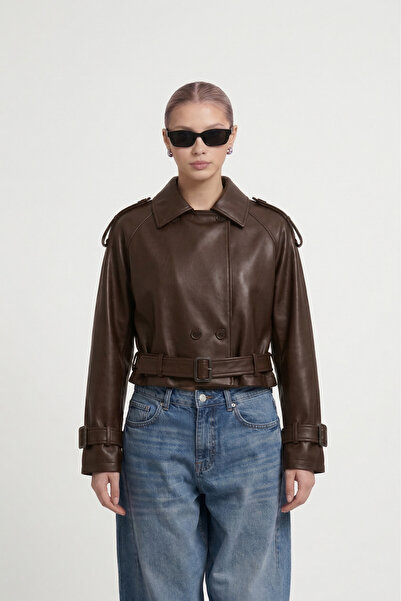 Jaglion New Season Acıkahve Düğmeli ve Kemerli Trend Deri Ceket