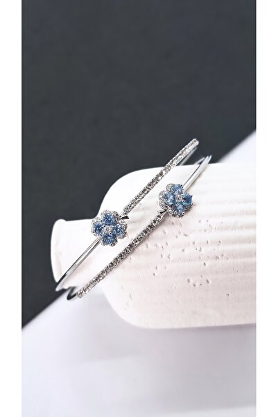 Serenity Blue Zircon Stone Flower Figured Steel Bracelet