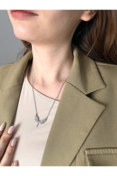 MARCİELO Accessories Çelik Gümüş Renk Zirkon Taşlı Kanat Figürlü Kolye – Günl...