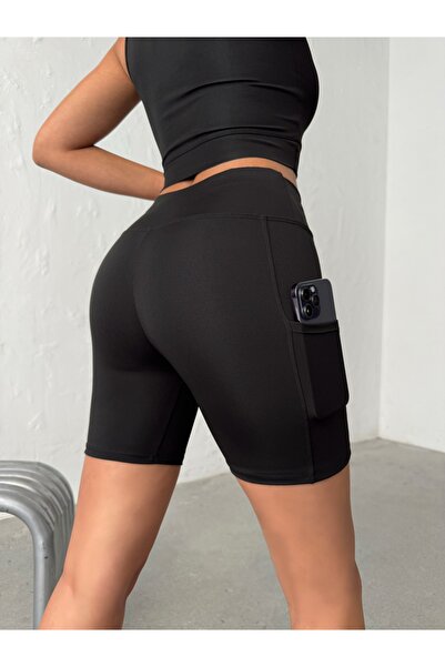 OPENDO Μίνι σορτς γυναικείο εύκαμπτο με εφέ συσπειρώματος ψηλής μέσης με μαύρ...