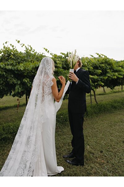 VENÜS MODA by Pınar Δαντελένιο μακρύ vintage πέπλο με χτένα, πέπλο δαντέλας 2...