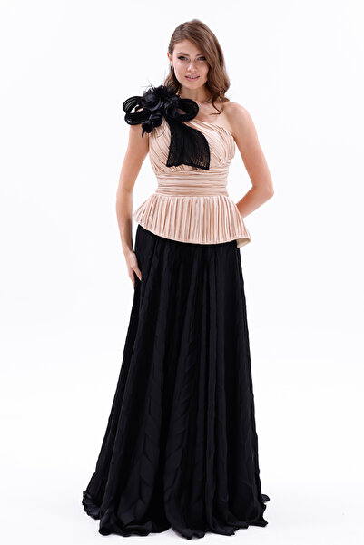 BDM Exclusive Tek Omuz Piliseli Peplum Çiçek Aplikeli Uzun Saten Abiye Elbise