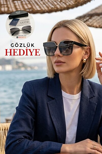 Lozzo Kadın Siyah Oversize Degrade Cam UV400 Güneş Gözlüğü 23016 C2