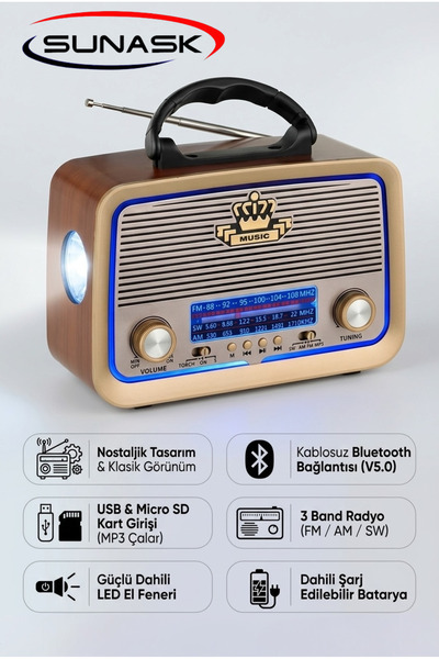 SUNASK Sn-301 Bluetooth’lu Ledli Nostaljik Görünümlü Müzik Kutusu Usb Sd Kart...