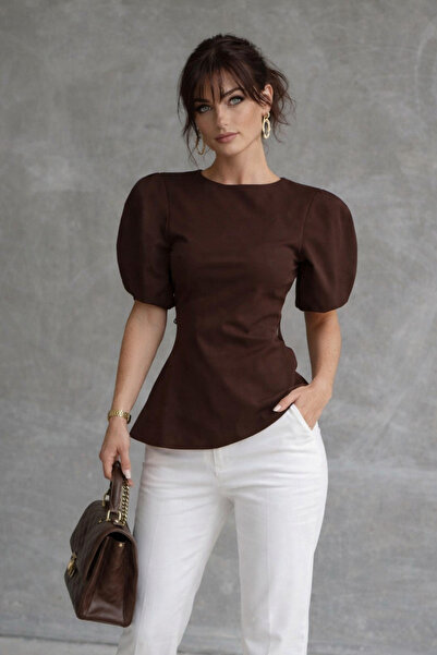 Be Best Γυναικεία καφέ κοντομάνικη ασύμμετρη μπλούζα με μπαλόνια BE371