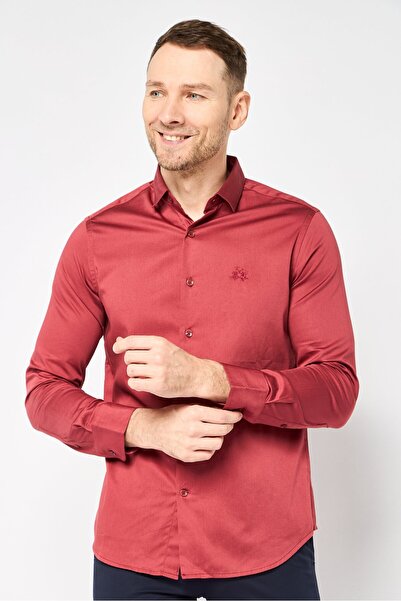 La Martina Men Tailored Fit Long Sleeve Brand Logo Casual Shirt, Maroon