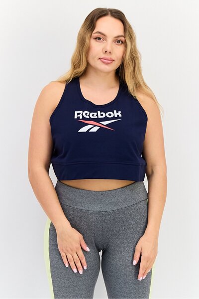 Reebok Women Round Neck Sleeveless Brand Logo Tank Top, Navy Blue