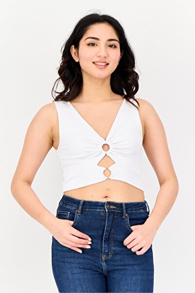 Don't Call Me Jennyfer Women V-Neck Sleeveless Textured Tank Top, White