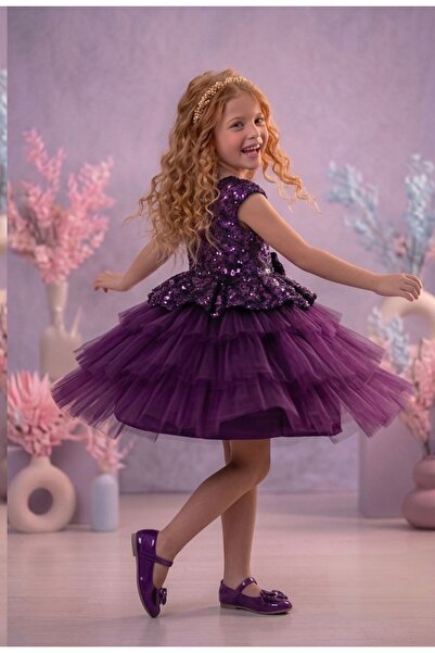 Delfini kids Kız Çocuk Mor Pul Payetli Kat Kat Tüllü Abiye