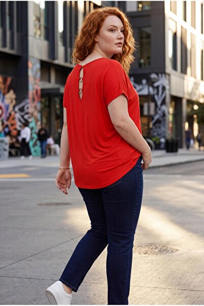 Ebsumu Γυναικεία Κόκκινη Μπλούζα με Λεπτομέρεια Δαχτυλιδιού στην Πλάτη, Μεγάλ...