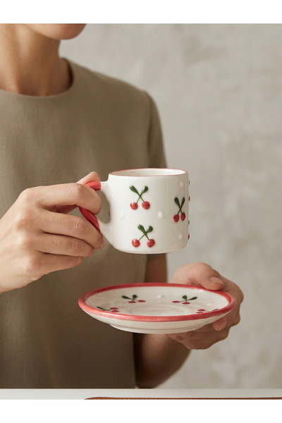 alp dizayn %100 El yapımı Kiraz Desenli - Türk Kahvesi Fincanı