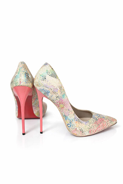 HAYYSHOES Caelion Bej Çiçekli Stiletto Kadın Yüksek Topuklu Ayakkabı 12 Cm