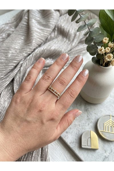 SNY Butik Sıralı Baget Ve Yuvarlak Taşlı Prenses Model Gold Alyans Tarzı Yüzük