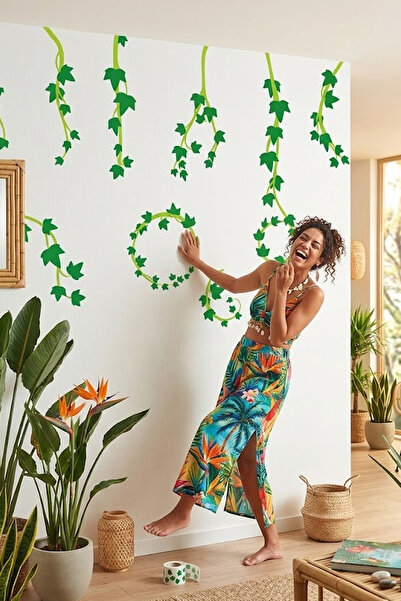 KT Decor Σετ μοντέρνων αυτοκόλλητων τοίχου με πράσινα τροπικά κισσάκια