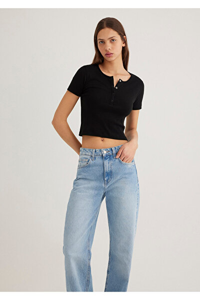Mavi Düğmeli Siyah Basic Tişört Crop / Kısa Kesim 1611639-900