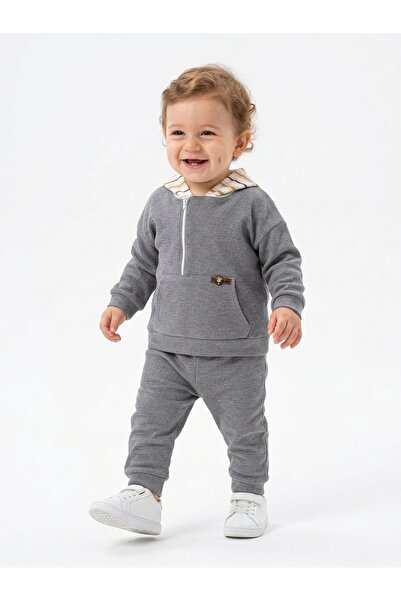 Kids Kingdom Pamuklu Çizgili Kapüşonlu Fermuar Detaylı 2li Erkek Bebek Takım