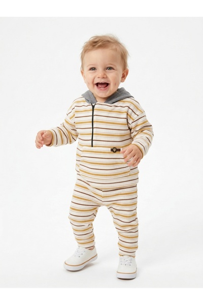Kids Kingdom Cotton Striped Hooded Zipper Detailed 2-Piece Baby Boy Set