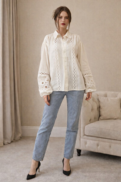 TULE LINE İŞLEMELİ OVERSIZE GÖMLEK