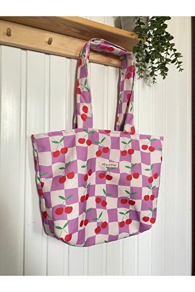 efsunkar Retro Kiraz Desenli Bez Omuz Çantası 40x30 cm Yıkanabilir Geniş Tote...
