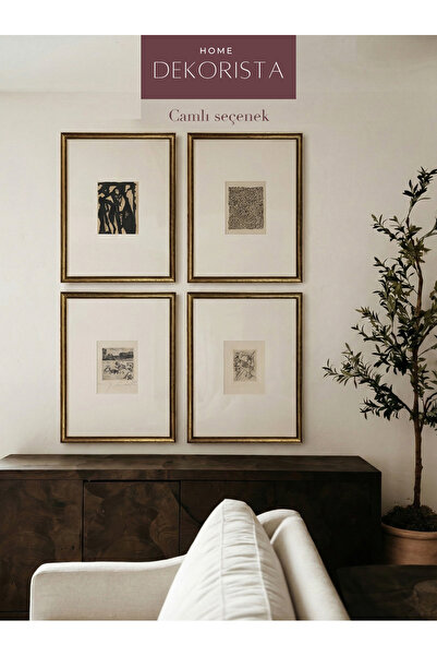 HOME DEKORİSTA Vintage 4'lü Çerçeveli CAMLI Soyut Dekoratif Tablo Seti, Galer...