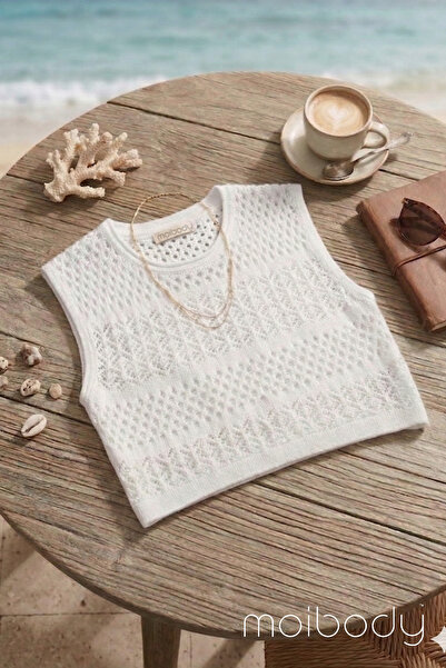 Moibody Γυναικεία λευκή διάτρητη πλεκτή μπλούζα παραλίας - Πλεκτό πουλόβερ σε...