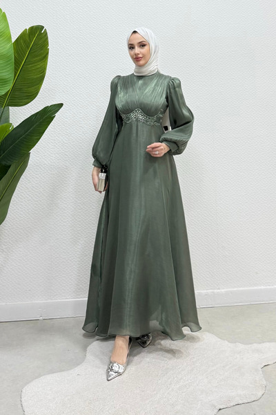 Tesettür Diyarı Μοσέρα Τζαντζάν Υφασμάτινο Φόρεμα Τεσεττούρ με Πέτρες στη Μέσ...