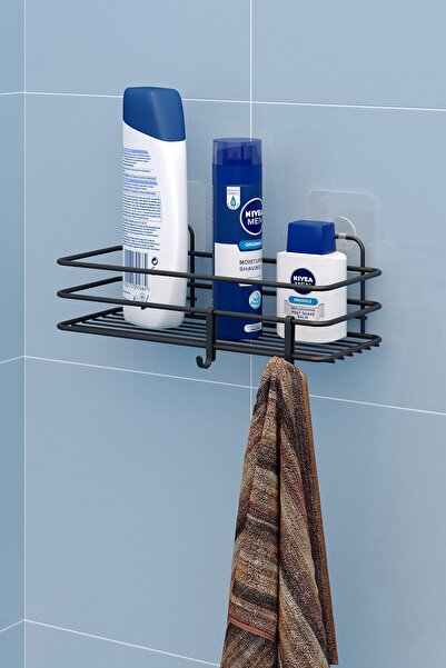 Teknotel Ράφι μπάνιου με αυτοκόλλητους γάντζους, θήκη σαμπουάν, μαύρο ματ ST117H