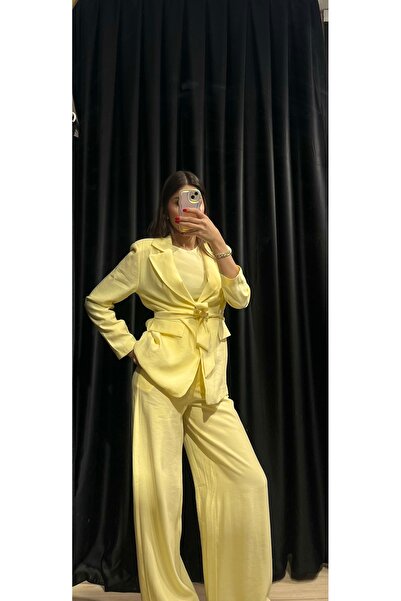 Liora Luxe Sarı Blazer Pantolon Takım Yazlık Şık Oversize Kadın Takım