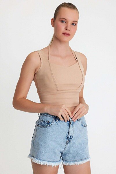 Polo State Γυναικείο Ense Piping Λεπτομερές Crop Beige