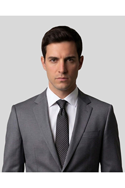 1001 Kravat Gray Striped 7 cm Wide Thin Black Tie