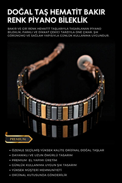 Seven Art Jewelry Doğal Taş Bileklik, Hematit Bileklik, Bakır ve Gri Renk Bil...
