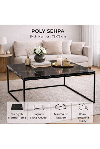 PASİFİC HOME Poly Kare Metal Orta Sehpa, Siyah Mermer