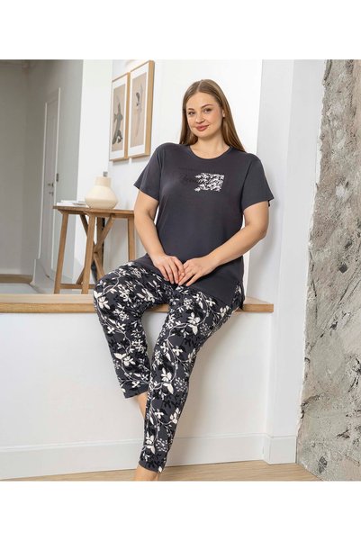 Aydoğan Lodos Store Women's Large Size Flexible Short Sleeve Viscose Pajama Set with Floral Pattern