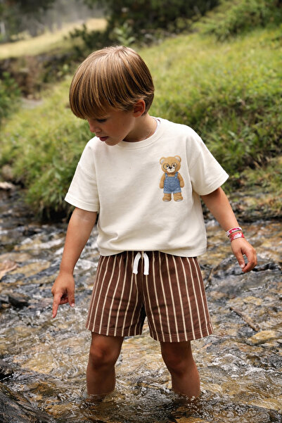 Monila Αγορίστικο βαμβακερό μπλουζάκι με στάμπα αρκουδάκι και ριγέ σορτς σετ