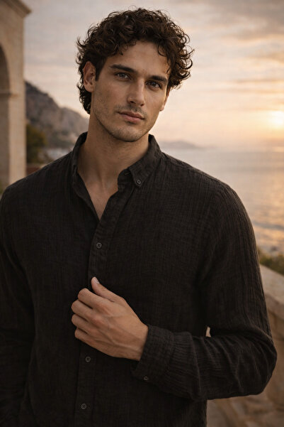 Valiberta Cămașă pentru bărbați din bumbac și in - neagră