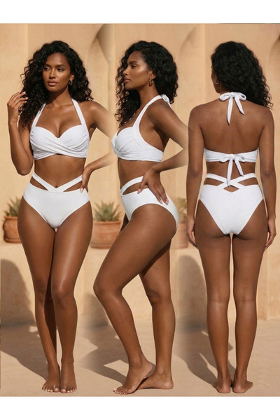 Ladyrosi Bikini Takım Özel Tasarım Kaplı Tel Balen Destekli Çapraz Bikini Takım