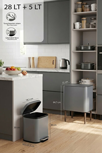 VİP AHMET NOVA 28 Lt Metal Dokunmatik Çöp Kovası + 5 Lt Pedallı Çöp Kovası Ma...