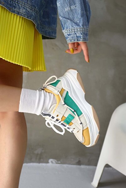 NILUFARR Otilia Sarı/Yeşil Hakiki Deri Kalın Tabanlı Kadın Sneaker