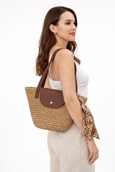 citycenterfashion Γυναικεία τσάντα ώμου από ψάθινη πλέξη με φουλάρι cty-lbn-6...