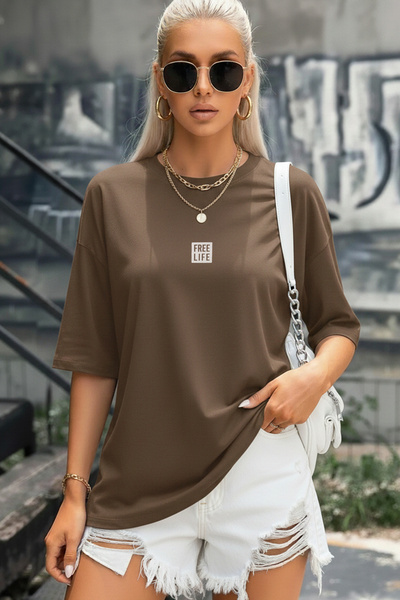 Teenage Millionaire Γυναικείο μπλουζάκι Free Life Mocha Brown Crew Neck Overs...