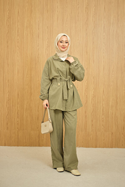 LOCCO Γυναικείο κοστούμι παντελόνι με κρυφό φερμουάρ και ζώνη, πράσινο