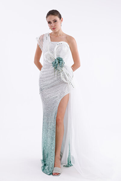 BDM Exclusive Straplez Drapeli Pul Payetli İşlemeli Yırtmaçlı Uzun Abiye Elbise