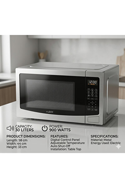 flexy 30L Microwave: 900W Grill, 10 Levels, 8 Menus, 315mm Plate. Silver Fini...