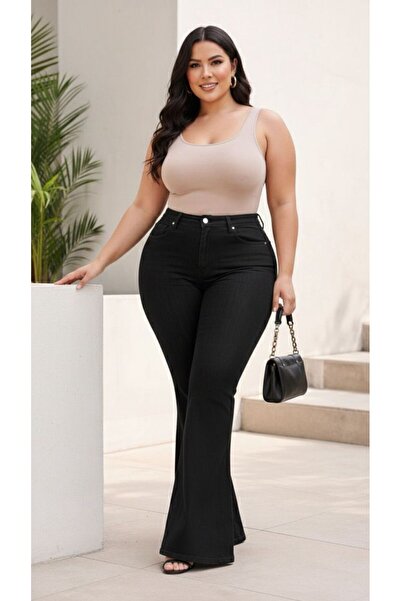 FİVA JEANS يبرز انحناءات الجسم واسع الأرجل بنطال جينز مرن عالي الخصر مقاس كبي...