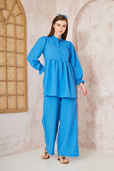 Yıldızistan Women's Blue Gofre Balloon Sleeve Ruched Tunic / Elastic Waist Po...