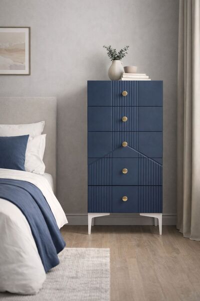 BYCİNO CENOVA 5 ÇEKMECELİ MODERN TASARIM MDF MEMBRAN KAPAK LAMBİRİ LACİVERT Ş...