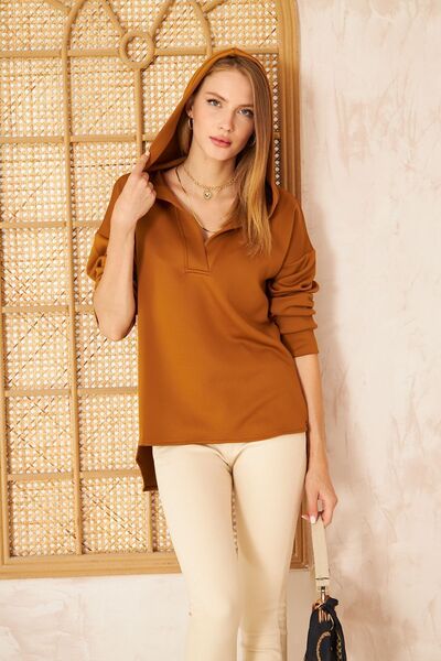 Pasaklı Giyim Γυναικείο Καφέ Φούτερ Scuba με κουκούλα με μακρύ πίσω μέρος, χα...